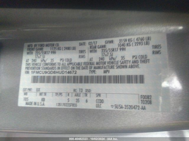 1FMCU9GD8HUD14672 Ford ESCAPE SE