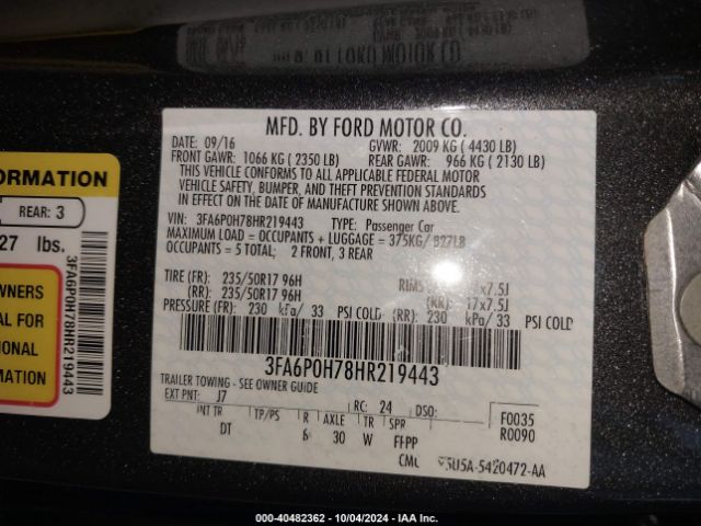 3FA6P0H78HR219443 Ford FUSION SE
