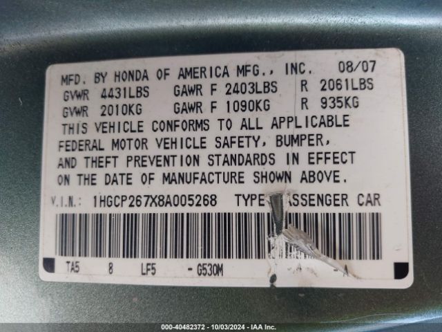 2008 HONDA ACCORD SDN 1HGCP267X8A005268 Photo 8