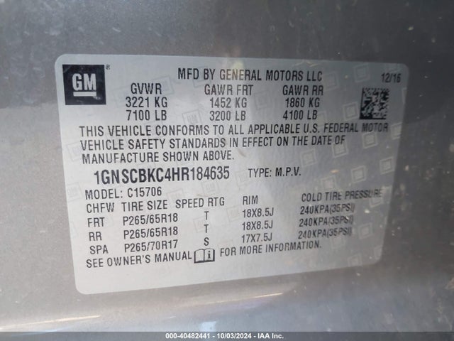 Chevrolet Tahoe Lt 2017 1GNSCBKC4HR184635 Image 9