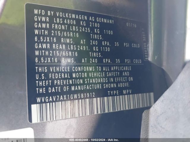 WVGAV7AX1GW581912 Volkswagen TIGUAN S