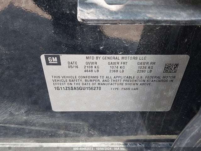 1G11Z5SA5GU156270 Chevrolet lcv -sidi, dcvcp, vvt, dcvcp, e85 max, e0-e100, aluminum