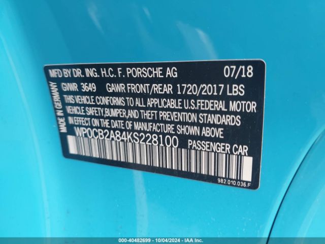 2019 PORSCHE 718 BOXSTER WP0CB2A84KS228100 Photo 8
