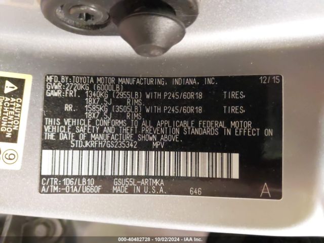 2016 TOYOTA HIGHLANDER 5TDJKRFH7GS235342 Photo 8