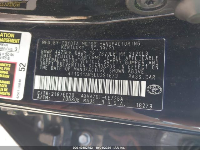 4T1G11AK5LU391673 Toyota Camry Se Nightshade Edition