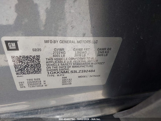 1GKKNMLS3LZ192484 GMC Acadia Fwd Slt