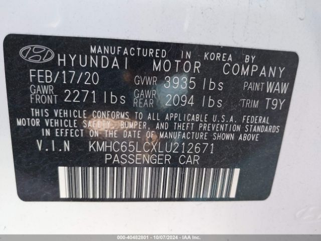 KMHC65LCXLU212671 Hyundai Ioniq Hybrid Blue