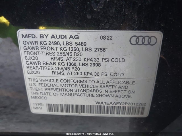 WA1EAAFY2P2012262 Audi Q5 Premium Plus 45 Tfsi S Line Quattro