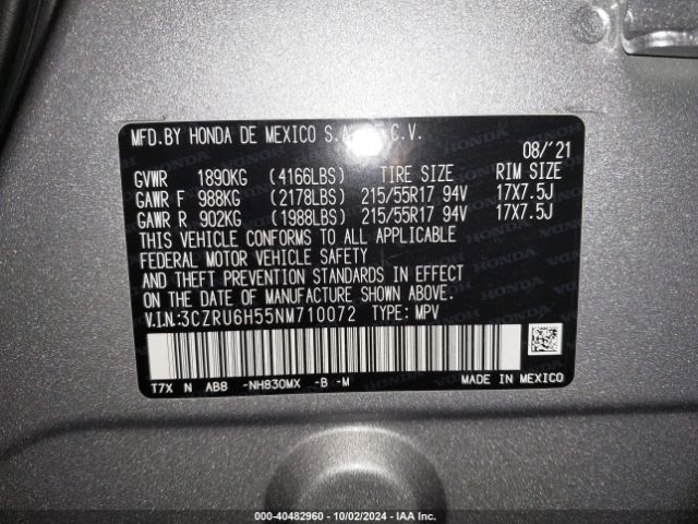 3CZRU6H55NM710072 Honda Hr-v Awd Ex