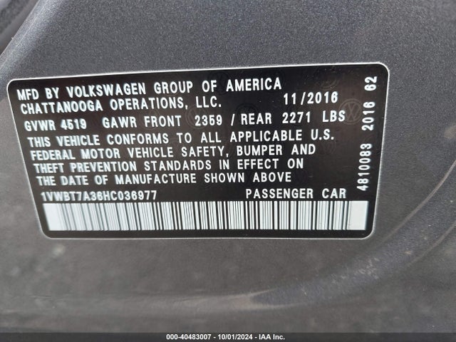 1VWBT7A36HC036977 Volkswagen Passat 1.8t Se