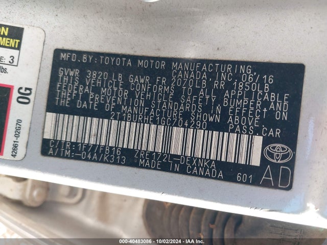 Toyota COROLLA LE 2016 2T1BURHE1GC704290 Image 9