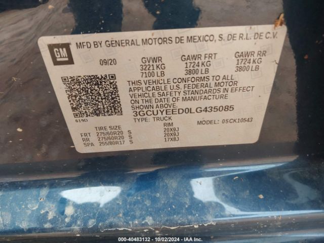 3GCUYEED0LG435085 Chevrolet Silverado 1500 4wd  Short Bed Rst