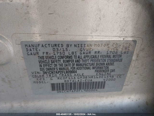 Nissan Versa 1.6 S+ 2015 3N1CN7AP2FL920004 Image 9
