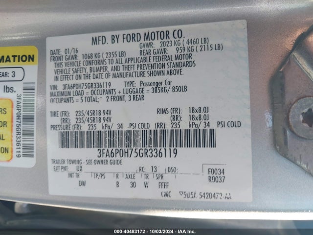 Ford FUSION SE 2016 3FA6P0H75GR336119 Image 9