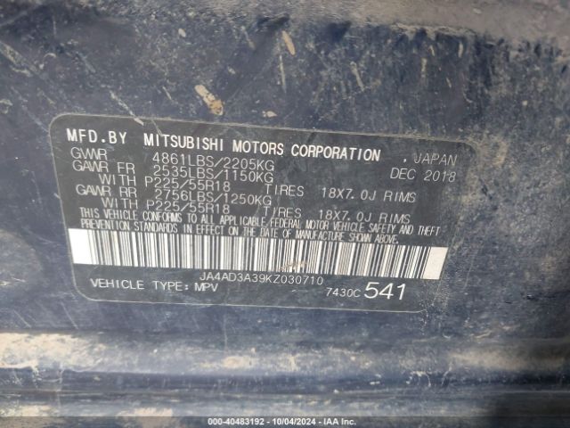 JA4AD3A39KZ030710 Mitsubishi Outlander Se