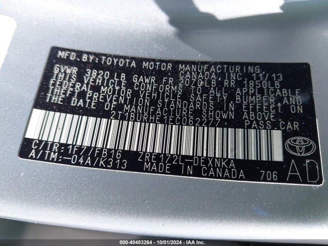 Toyota COROLLA LE 2014 2T1BURHE1EC062277 Image 9