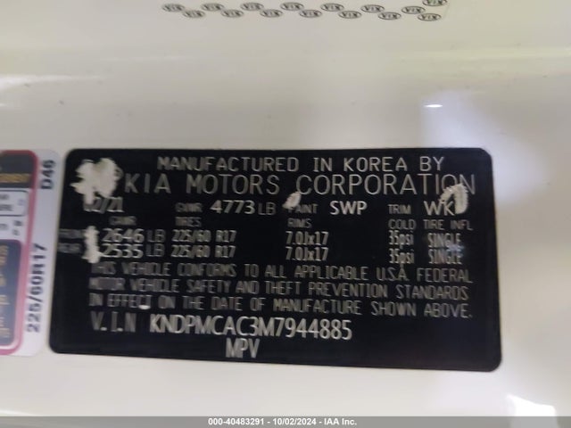 KNDPMCAC3M7944885 KIA Sportage Lx