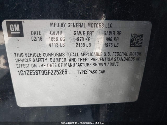 Chevrolet MALIBU 1LT 2016 1G1ZE5ST9GF225286 Image 9