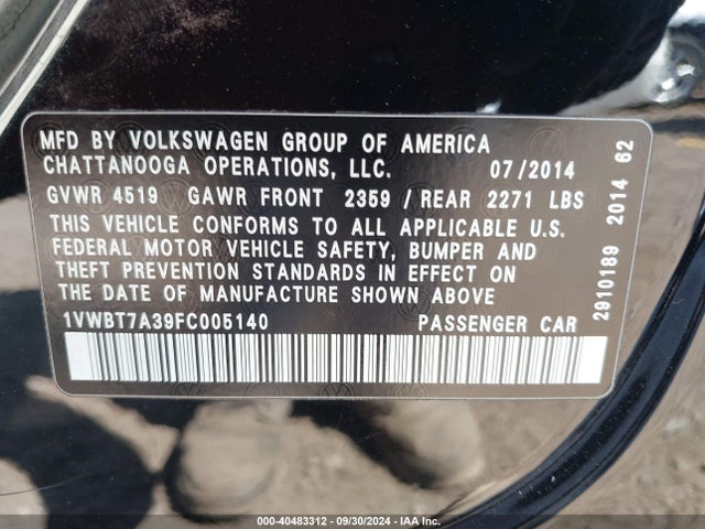 Volkswagen Passat 1.8t Se 2015 1VWBT7A39FC005140 Image 9