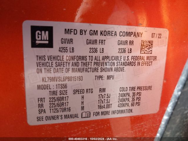 KL79MVSL6PB015193 Chevrolet Trailblazer Fwd Activ