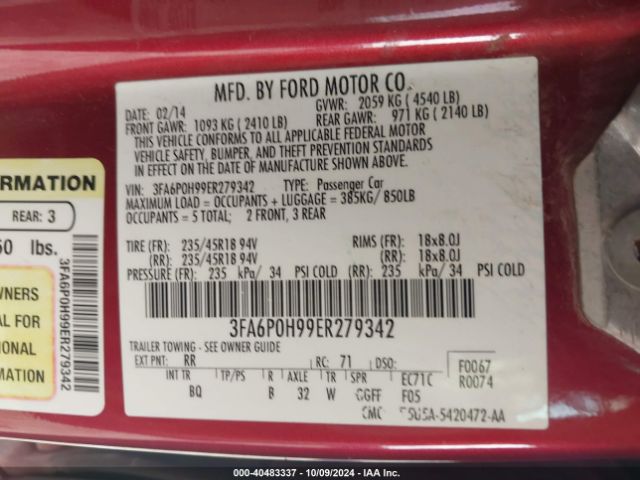 3FA6P0H99ER279342 Ford FUSION SE