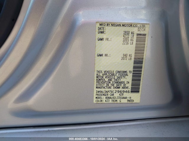 Nissan Altima 2.5 S 2014 1N4AL3AP7EC296946 Image 9