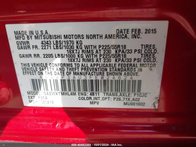 2015 MITSUBISHI OUTLANDER SPORT 4A4AP3AU3FE024624 Photo 8