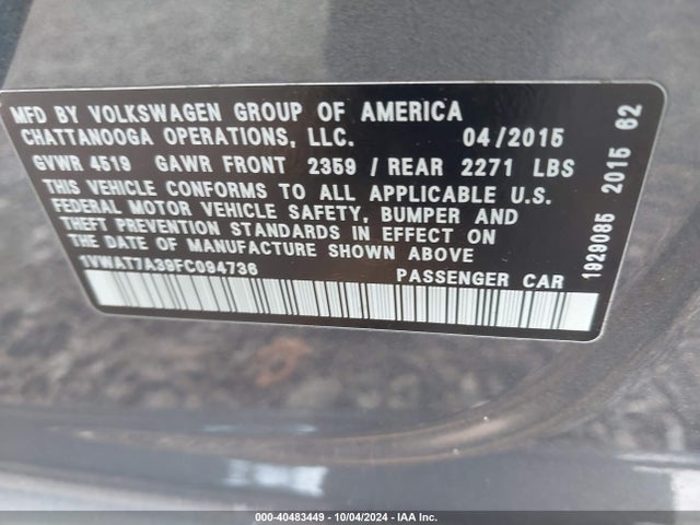 Volkswagen Passat 1.8t S 2015 1VWAT7A39FC094736 Image 9
