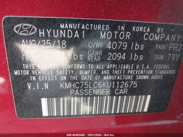 KMHC75LC6KU112675 Hyundai Ioniq Hybrid Sel