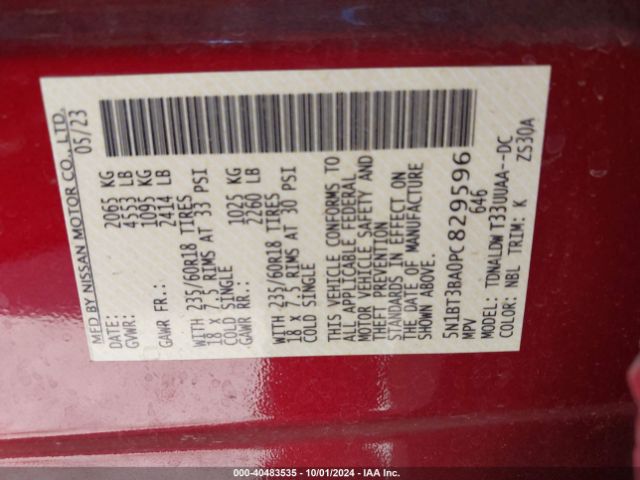 5N1BT3BA0PC829596 Nissan Rogue Sv Fwd