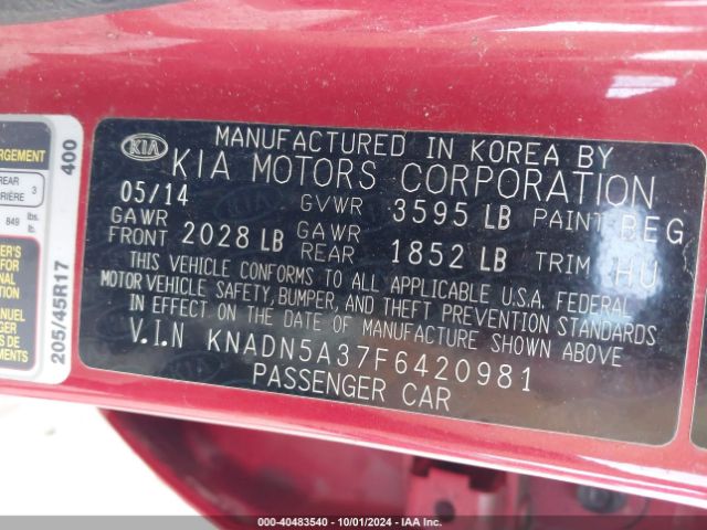 KNADN5A37F6420981 KIA Rio Sx