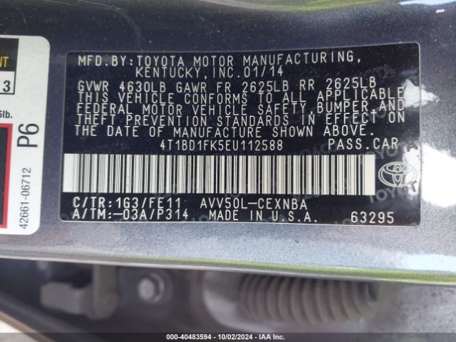 4T1BD1FK5EU112588 Toyota Camry Hybrid Le