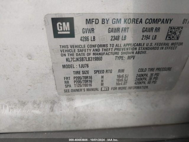 KL7CJKSB7LB319860 Chevrolet Trax Fwd Ls
