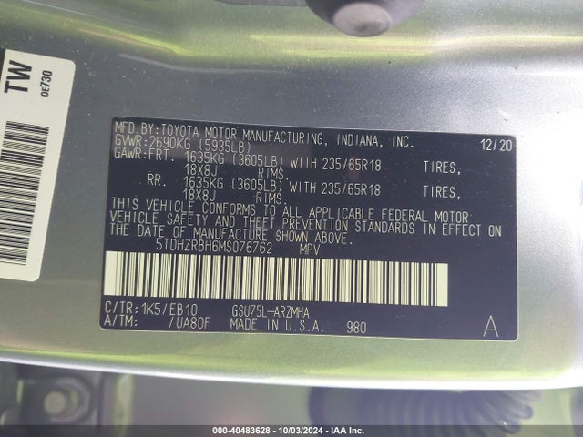 Toyota Highlander Xle 2021 5TDHZRBH6MS076762 Image 9