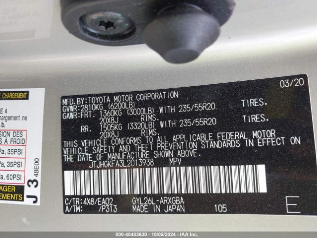 JTJHGKFA3L2013938 Lexus Rx 450hl