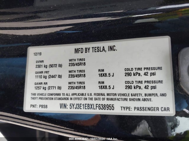 2020 TESLA MODEL 3 5YJ3E1EBXLF638955 Photo 8