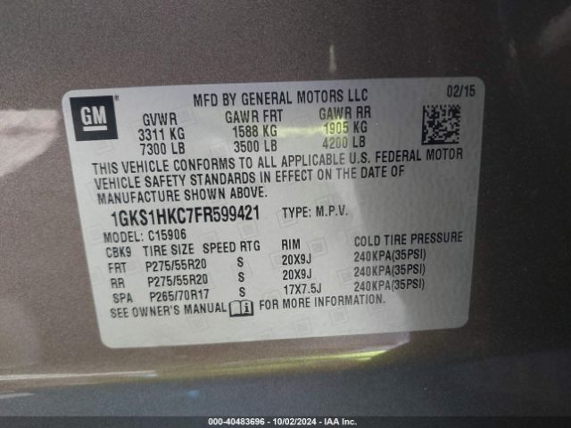 1GKS1HKC7FR599421 GMC Yukon Xl 1500 Slt
