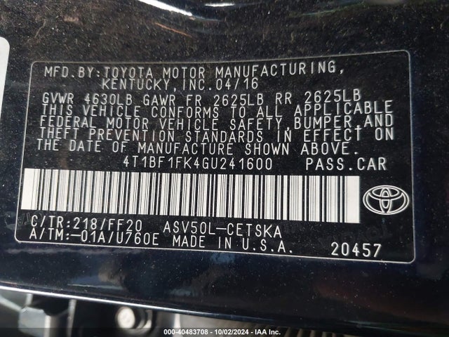 Toyota CAMRY SE 2016 4T1BF1FK4GU241600 Image 9