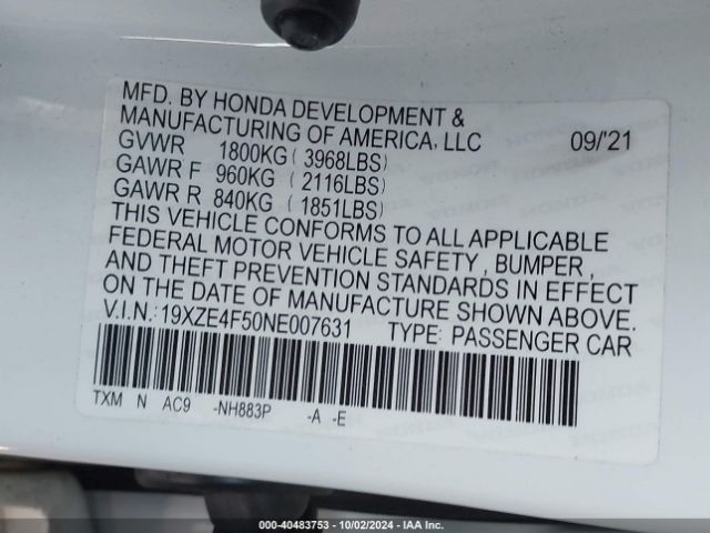 19XZE4F50NE007631 Honda INSIGHT EX