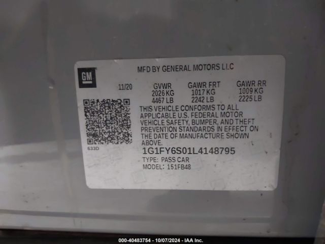 1G1FY6S01L4148795 Chevrolet Bolt Ev Fwd Lt