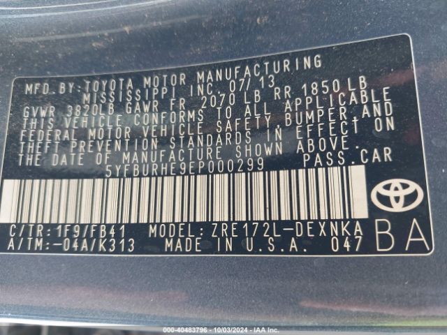 5YFBURHE9EP000299 Toyota Corolla Le Plus