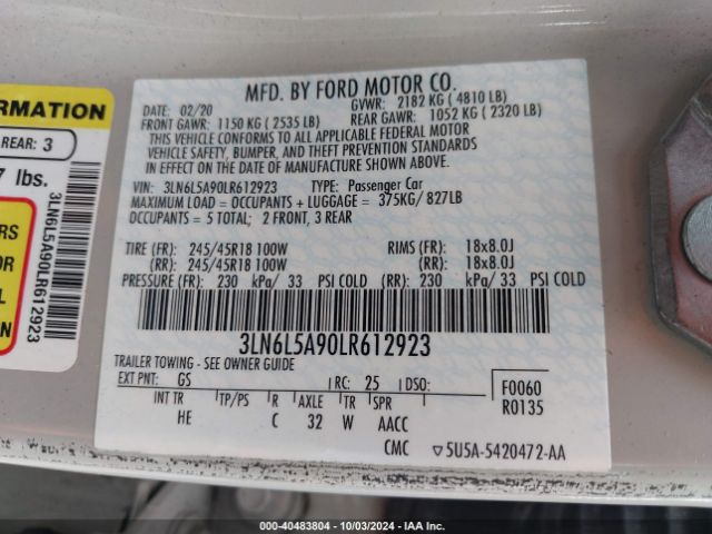 3LN6L5A90LR612923 Lincoln Mkz Standard