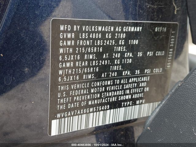 WVGAV7AX6GW575409 Volkswagen TIGUAN S