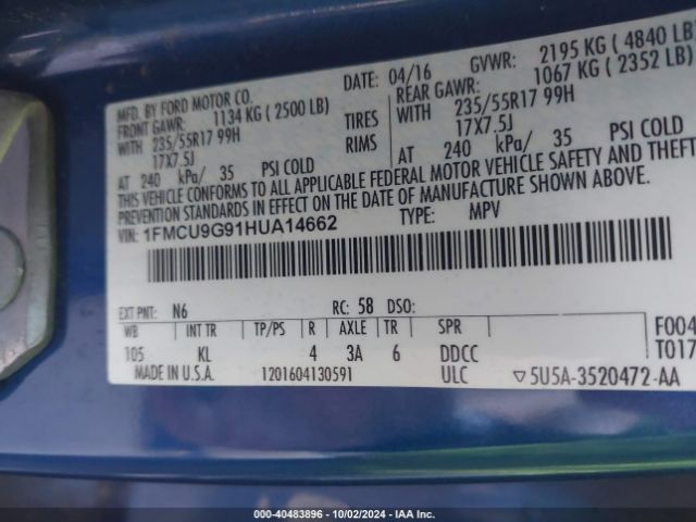 1FMCU9G91HUA14662 Ford ESCAPE SE