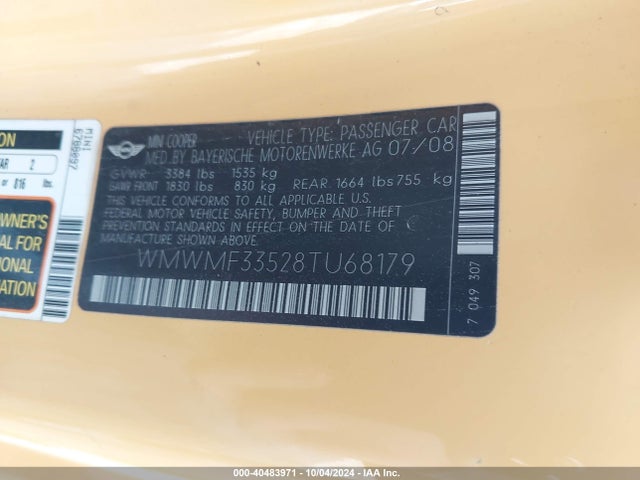 2008 MINI COOPER WMWMF33528TU68179 Photo 8