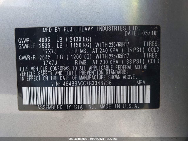 Subaru Outback 2.5i Premium 2016 4S4BSACC7G3348736 Image 9