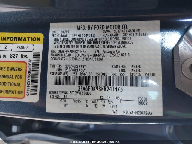 Ford Fusion Titanium 2019 3FA6P0K98KR241475 Image 9