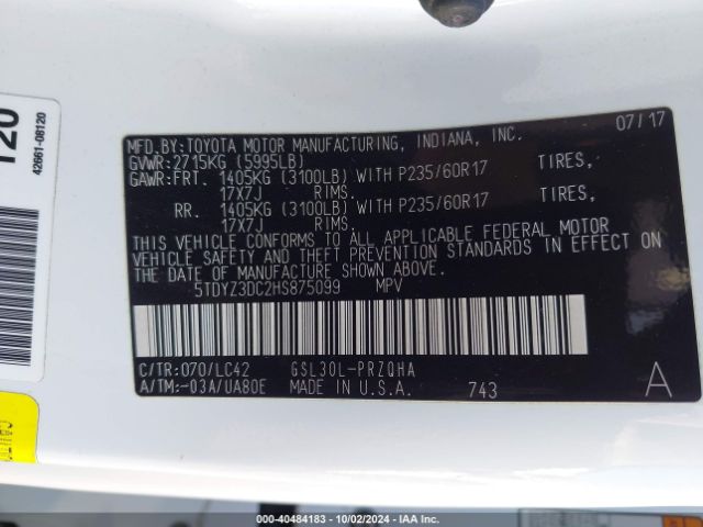 5TDYZ3DC2HS875099 Toyota Sienna Xle Premium 8 Passenger