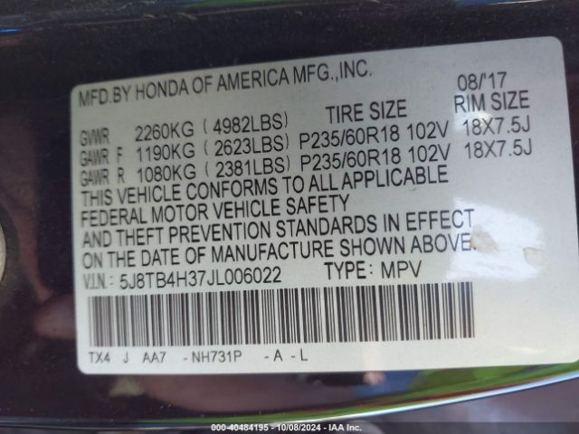 5J8TB4H37JL006022 Acura Rdx Acurawatch Plus Package