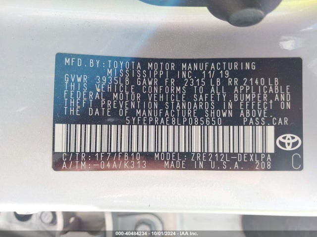 Toyota COROLLA LE 2020 5YFEPRAE8LP085650 Image 9